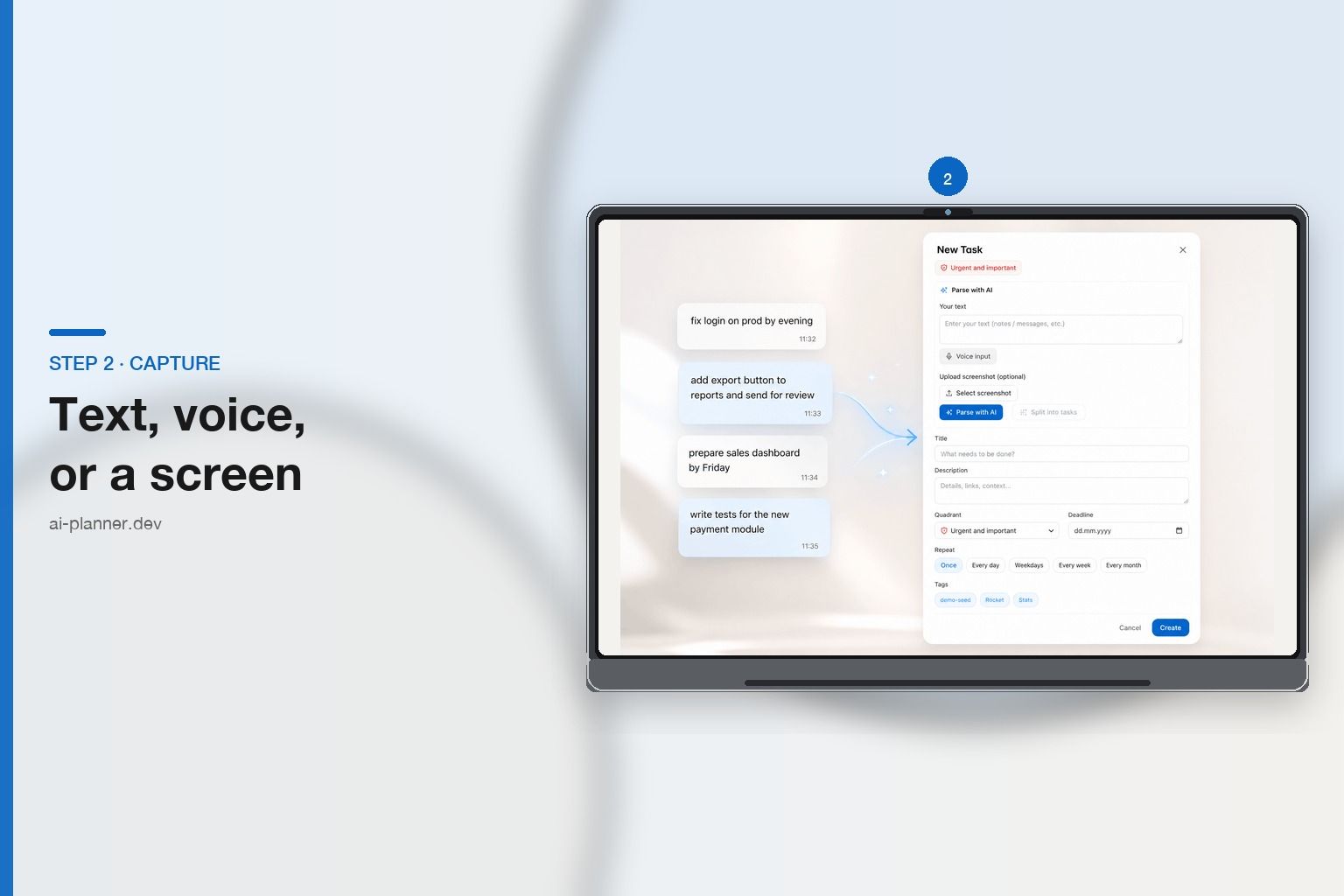 AI Planner Mini App — new task screen with AI parse, voice, and screenshot