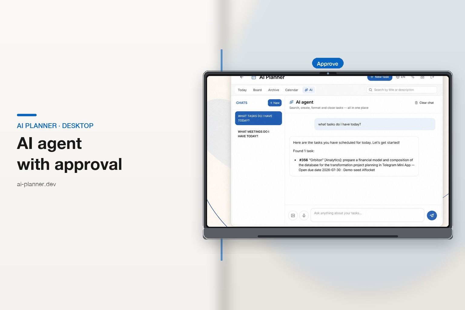 AI Planner Telegram Mini App — AI agent tab on a phone screen