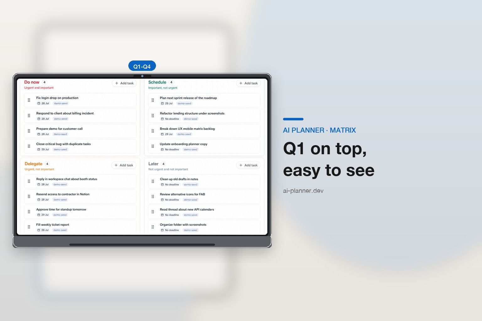 AI Planner Telegram Mini App — Eisenhower matrix on a phone screen
