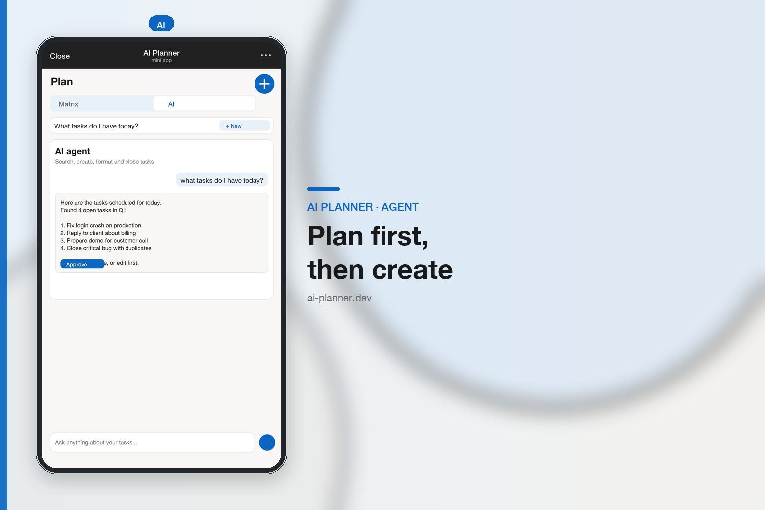 AI Planner Mini App — AI agent tab proposing and updating tasks