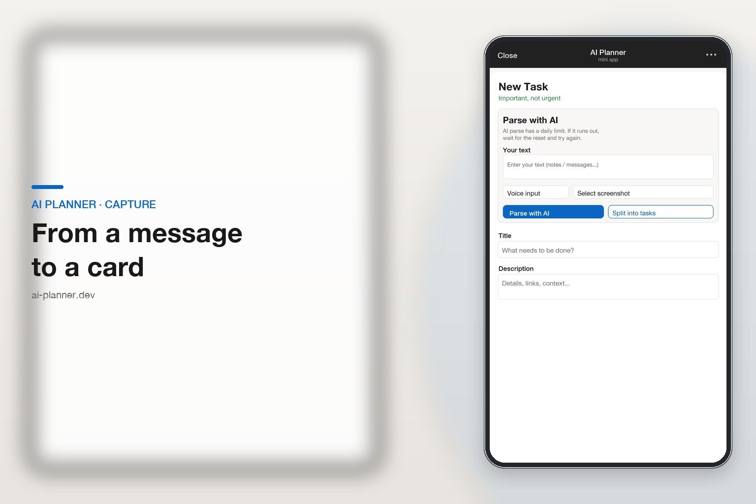 AI Planner Mini App — new task screen with AI parse, voice, and screenshot
