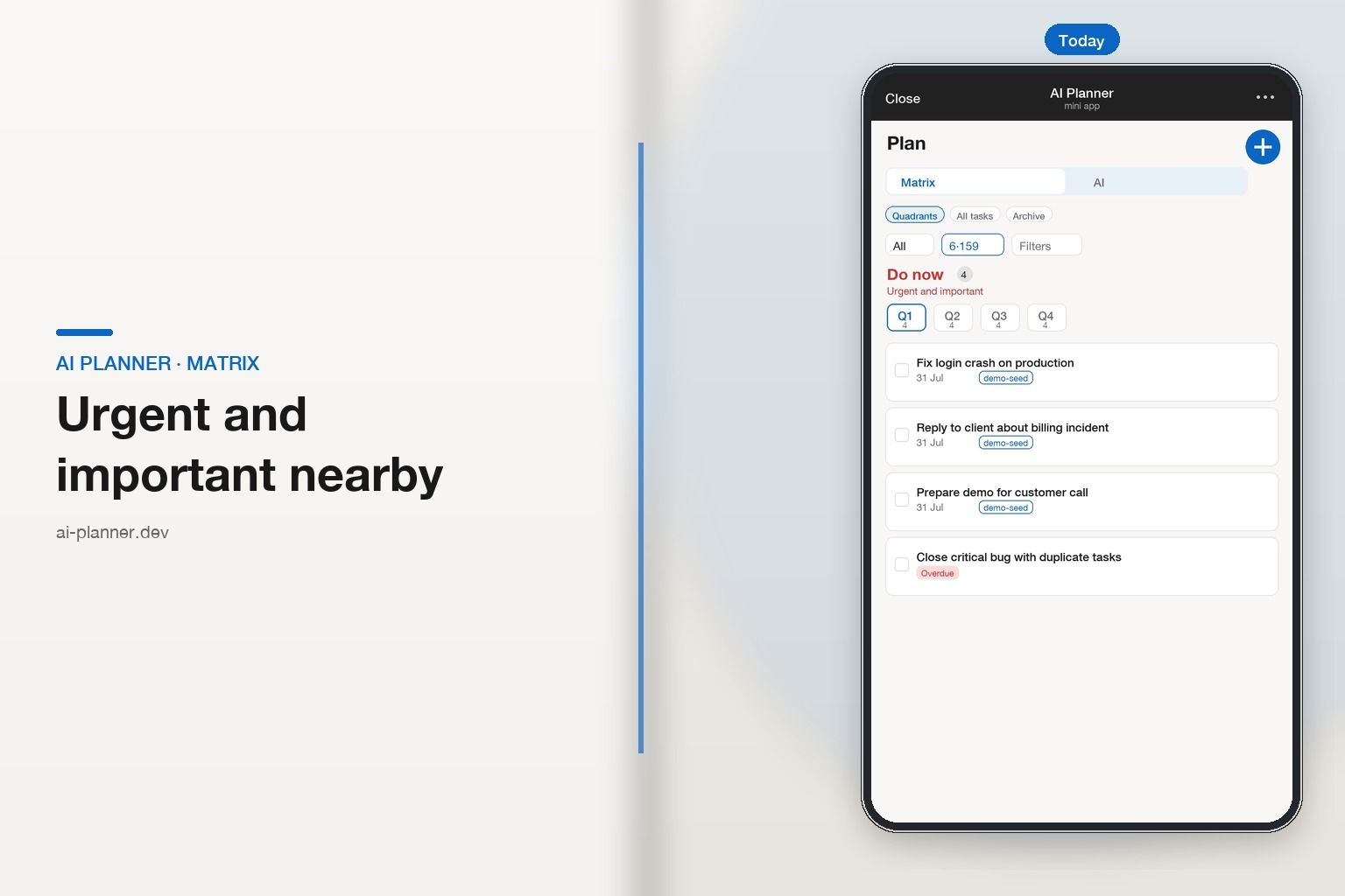 AI Planner Mini App — Eisenhower matrix with Q1 tasks on a phone