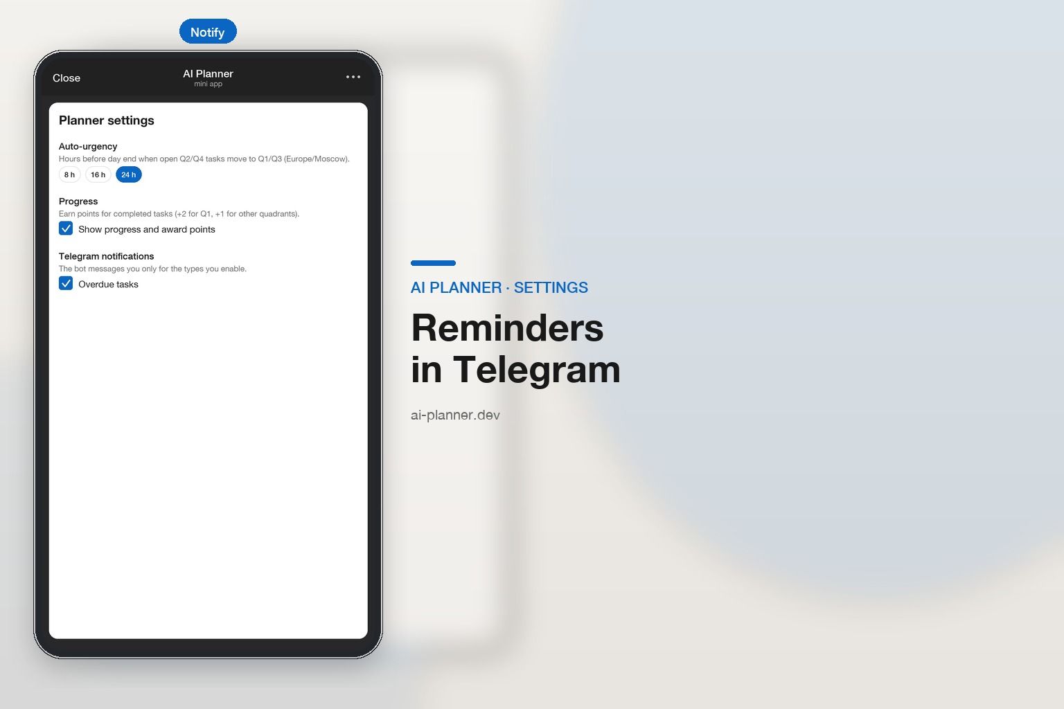 AI Planner Mini App — planner settings with Telegram notifications