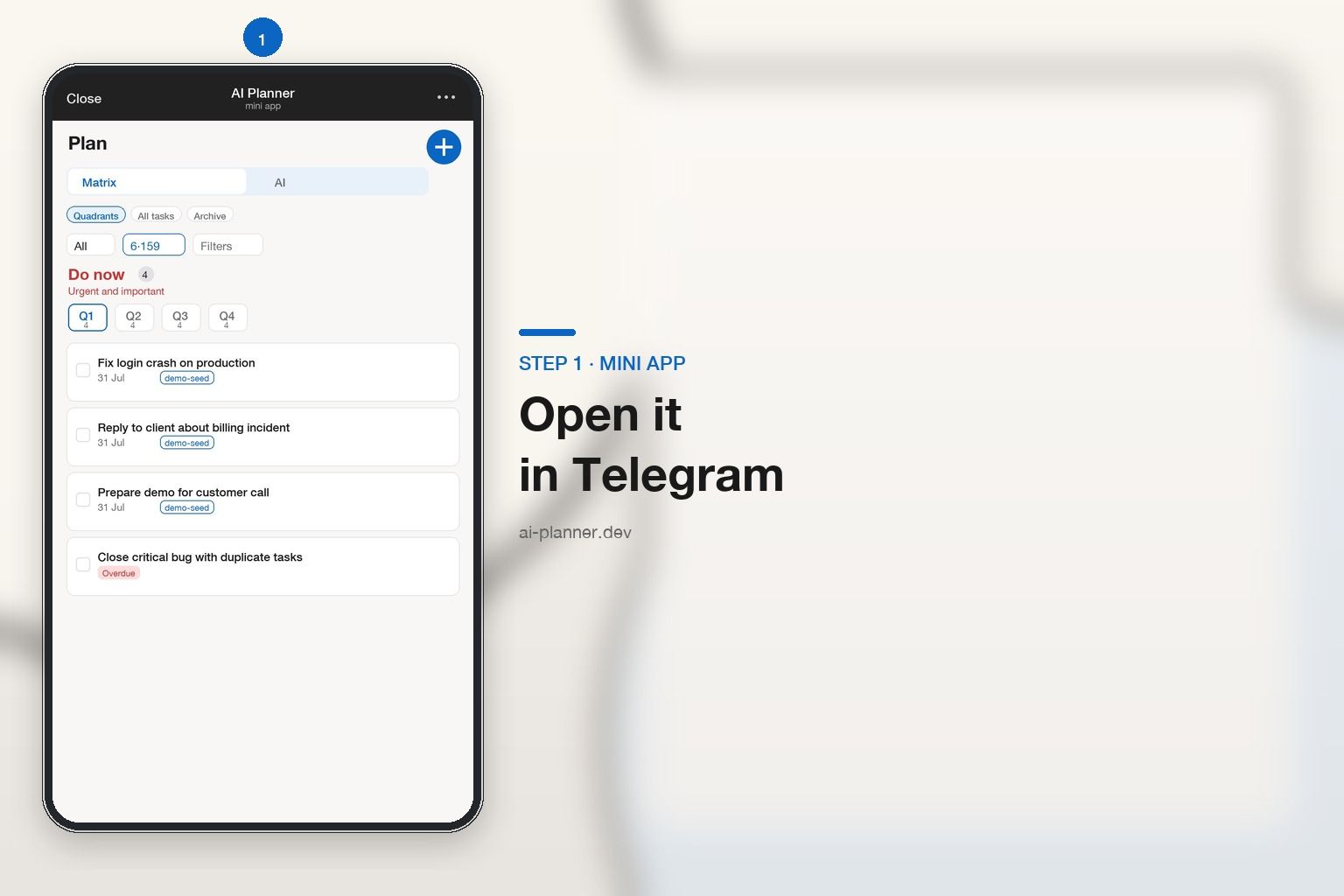 AI Planner Mini App — Eisenhower matrix open on a phone