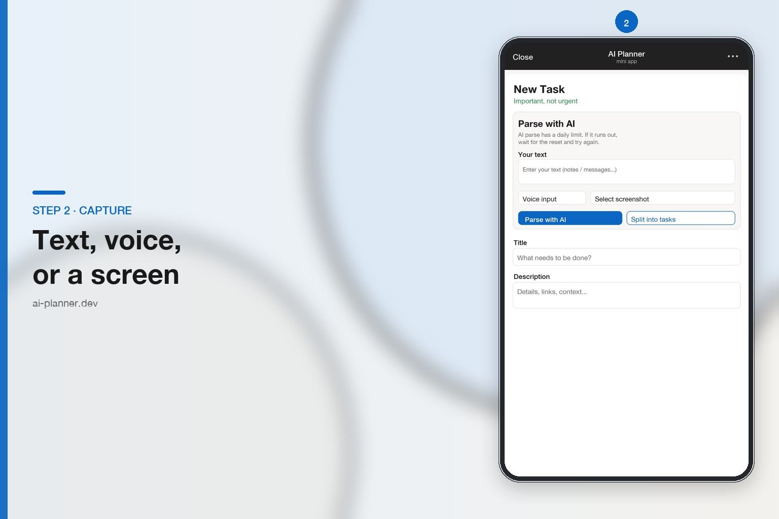 AI Planner Mini App — new task screen with AI parse, voice, and screenshot