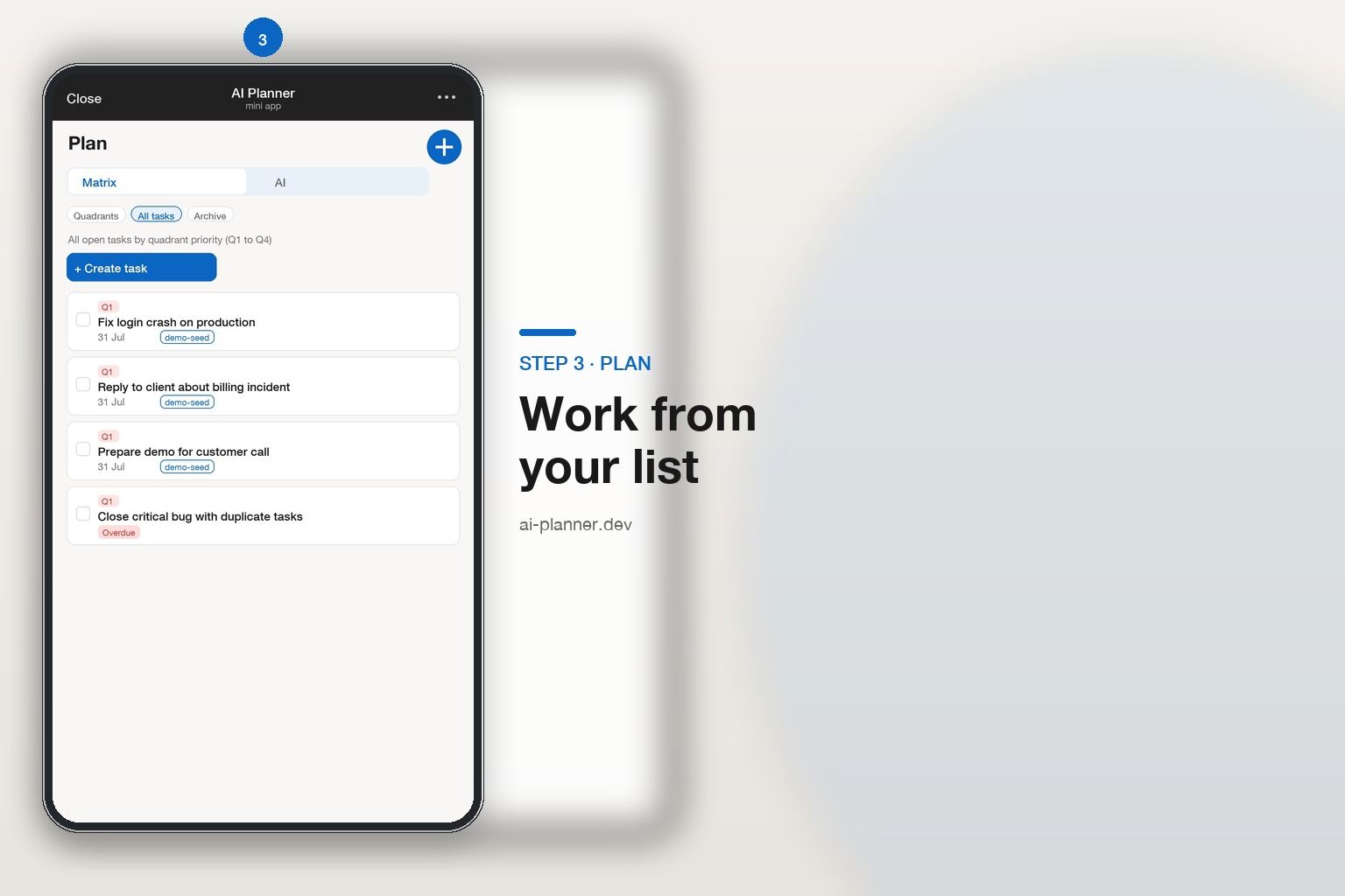 AI Planner Mini App — all open tasks sorted by quadrant priority