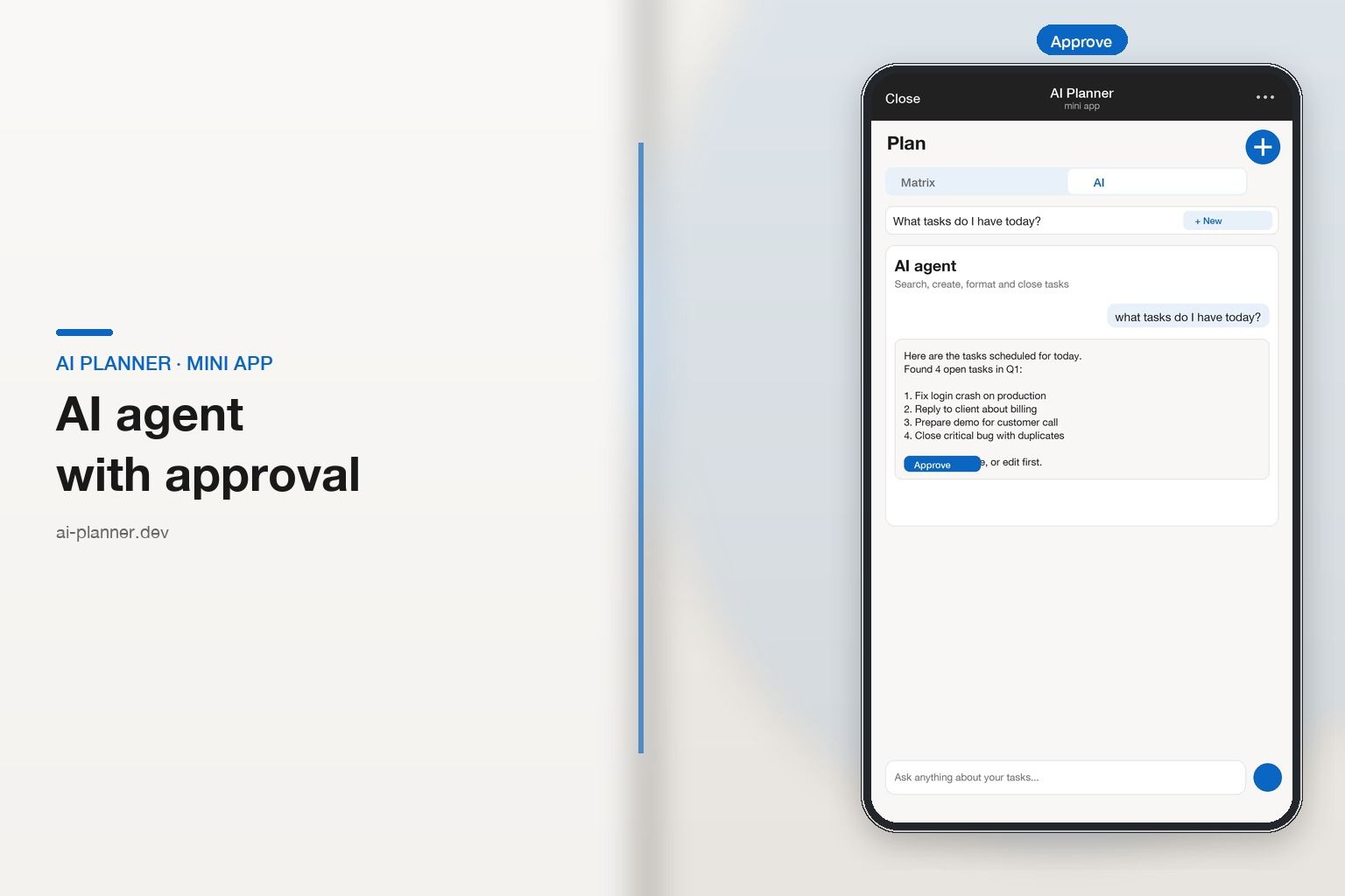 AI Planner Telegram Mini App — AI agent tab on a phone screen