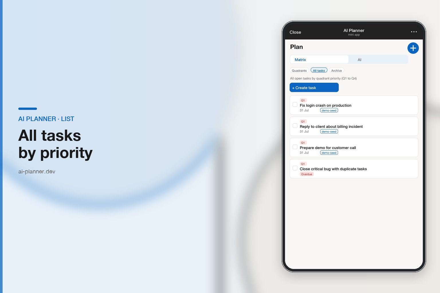 AI Planner Telegram Mini App — all tasks list by quadrant priority