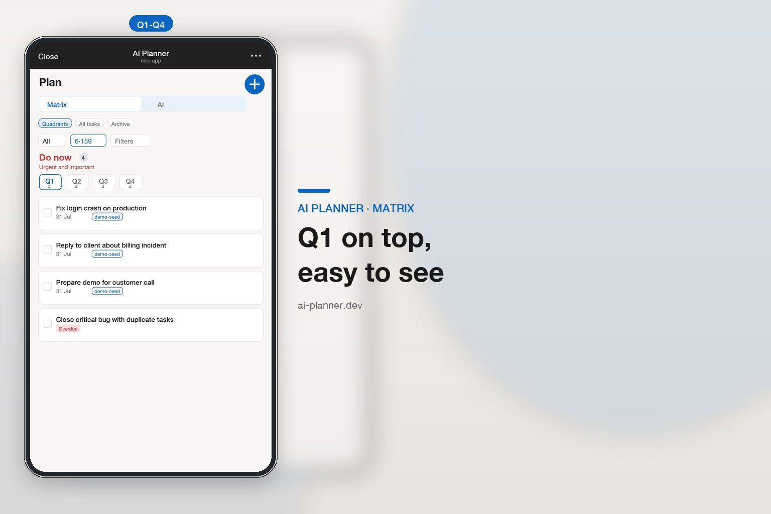 AI Planner Telegram Mini App — Eisenhower matrix on a phone screen
