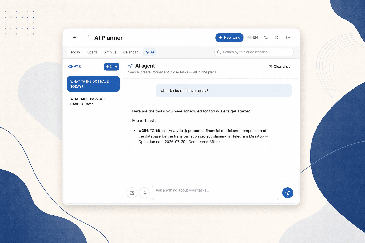 AI Planner Mini App — AI agent tab proposing and updating tasks