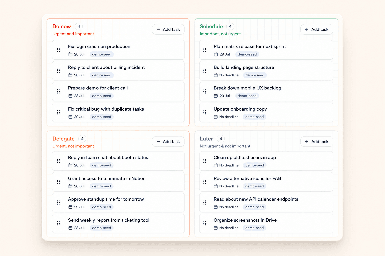 AI Planner Mini App — Eisenhower matrix with Q1 tasks on a phone