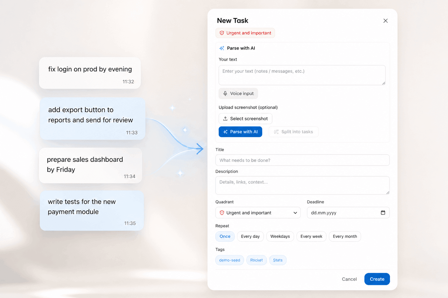 AI Planner Mini App — new task screen with AI parse, voice, and screenshot