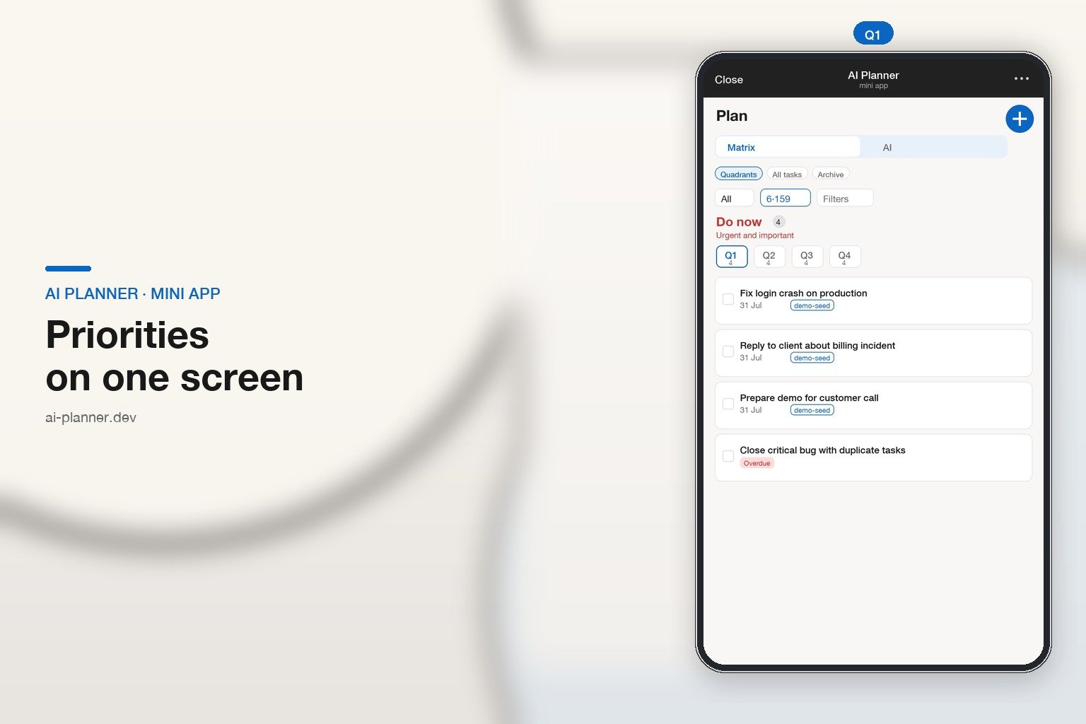 AI Planner Telegram Mini App — Eisenhower matrix on a phone screen